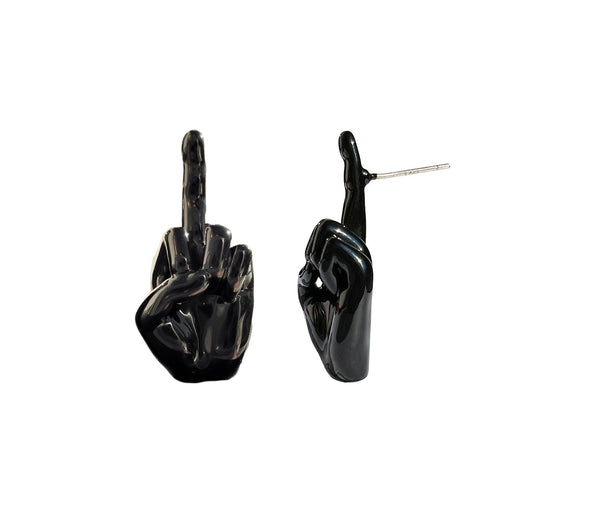 goth jewelry, black enamel middle finger earring