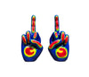 both right and left  middle finger stud earrings next to each other , each  painted in blue, with the fingers painted in as green, orange, yellow, and red. rainbow colored middle finger earring