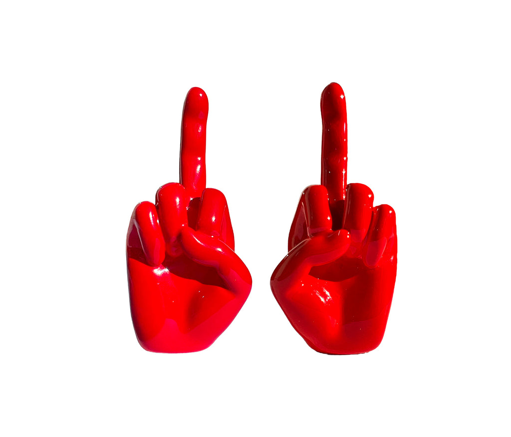The devils hand red jewelry, red enamel standing next to right middle finger earring middle finger earring, left middle finger earrings