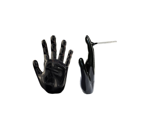 goth jewelry, black enamel coated stud hand earring with palm facing forward and also rotated palm