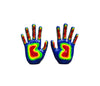 both right and left  hand shaped stud earring painted in blue, with the fingers and palm painted in as green, orange, yellow, and red. rainbow colored open hand with fingers earring