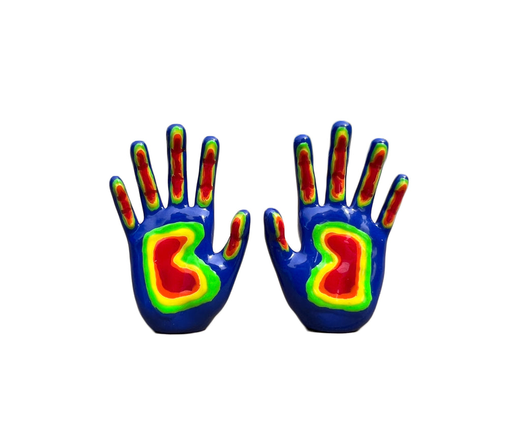 both right and left  hand shaped stud earring painted in blue, with the fingers and palm painted in as green, orange, yellow, and red. rainbow colored open hand with fingers earring