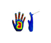 side profile of hand shaped stud earring painted in blue, with the fingers and palm painted in as green, orange, yellow, and red. rainbow colored open hand with fingers earring