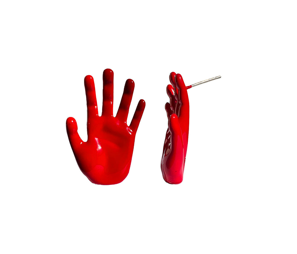 devils hand jewelry, red enamel coated stud hand earring with palm facing forward and also rotated palm 