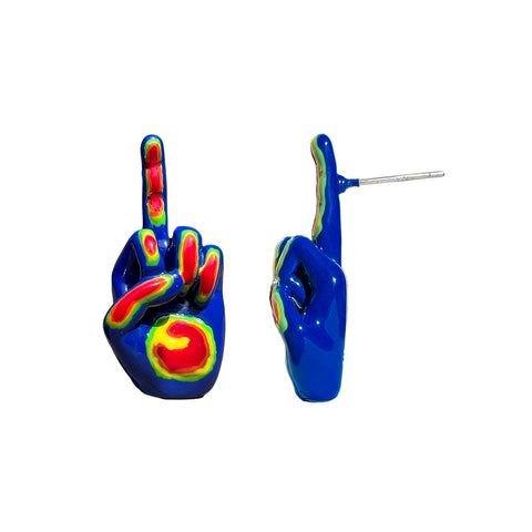 side profile of middle finger stud earring painted in blue, with the fingers painted in as green, orange, yellow, and red. rainbow colored middle finger earring 