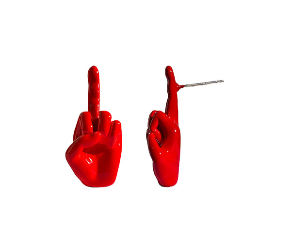 The devils hand jewelry, red enamel middle finger earring